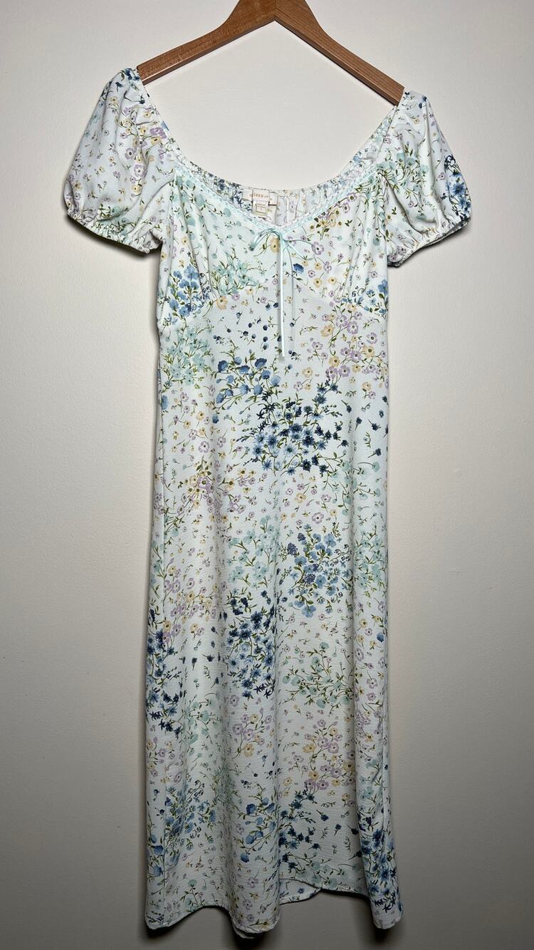 Coquette Floral Babydoll Midi Dress Puff Cap Sleeve Lace Bow Cottage Prairie S